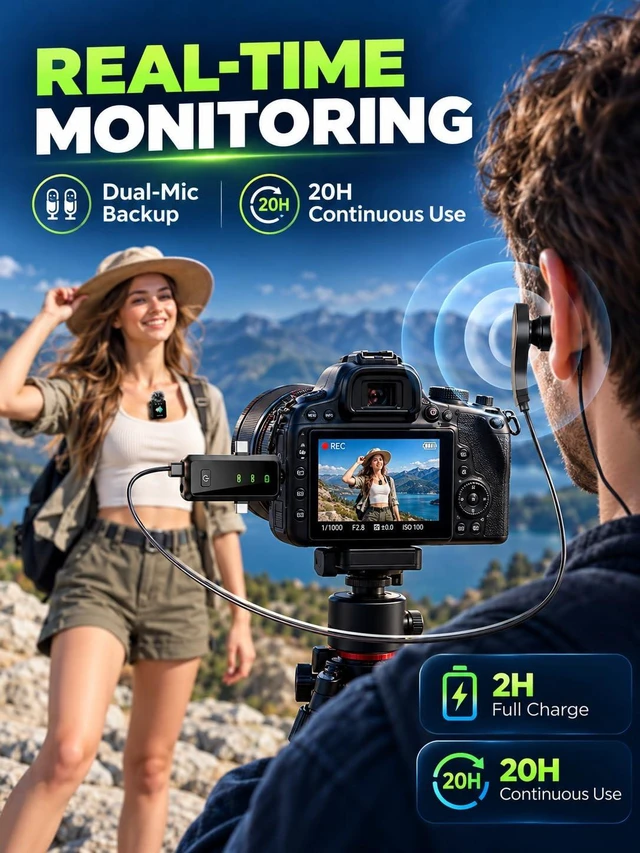 Alt view image 4 of 7 - Wireless Lavalier Microphone: Dual Mics for iPhones Android Interview Vlog | Low-latency real-time monitoring. One-click mute, wind-proof and noise reduction to cope with complex environments.