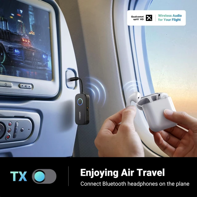 Alt view image 2 of 7 - Airplane Bluetooth 5.3 Transmitter Adapter aptX Adaptive for Airpods or Headphones Dual Pairs, 2-in-1 Wireless Bluetooth 3.5mm Aux Audio Transmitter/Receiver for Flight, TV, Car, MP3 Player