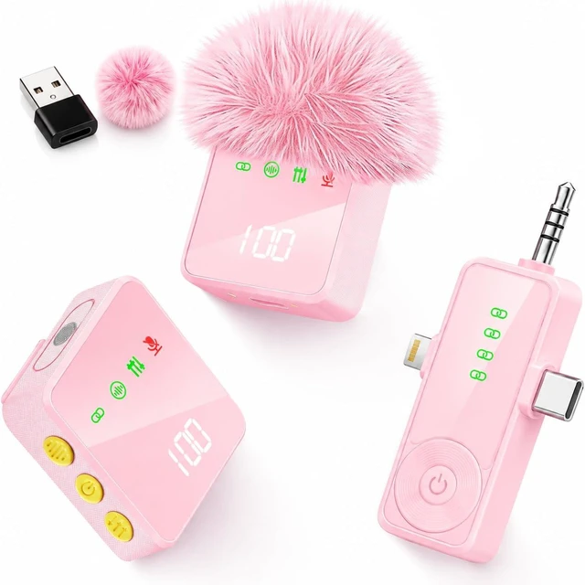 Main image of 3 in 1 Wireless Lavalier Microphone for iPhone Android Camera-Pink | Mini Mic with Digital Display & Noise Reduction, 20H Battery Life, Mics for Video Recording, TikTok, YouTube, Vlogging