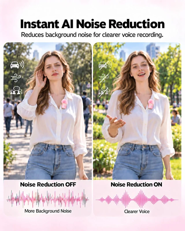 Alt view image 2 of 7 - 3 in 1 Wireless Lavalier Microphone for iPhone Android Camera-Pink | Mini Mic with Digital Display & Noise Reduction, 20H Battery Life, Mics for Video Recording, TikTok, YouTube, Vlogging