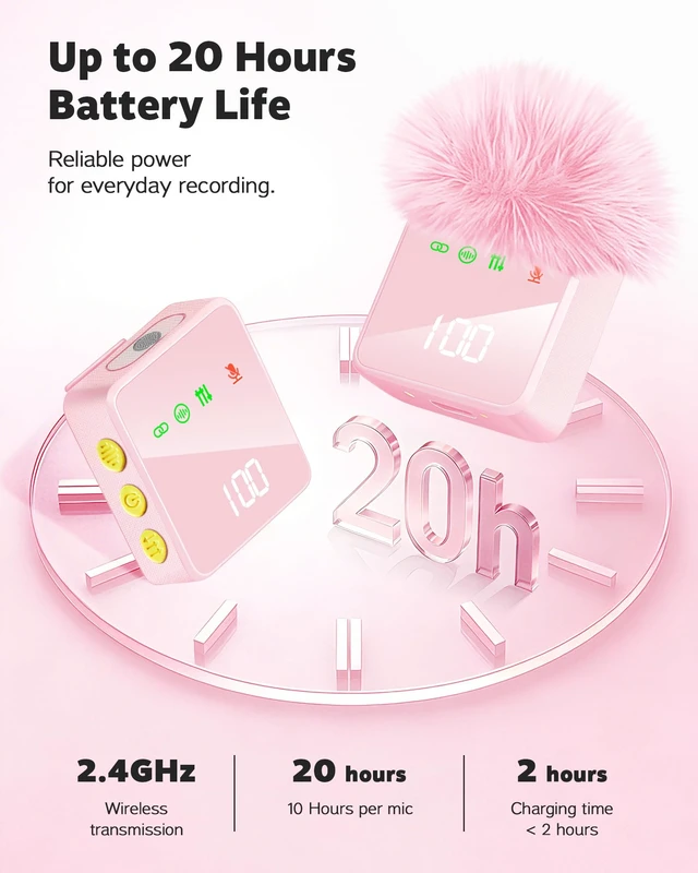 Alt view image 3 of 7 - 3 in 1 Wireless Lavalier Microphone for iPhone Android Camera-Pink | Mini Mic with Digital Display & Noise Reduction, 20H Battery Life, Mics for Video Recording, TikTok, YouTube, Vlogging