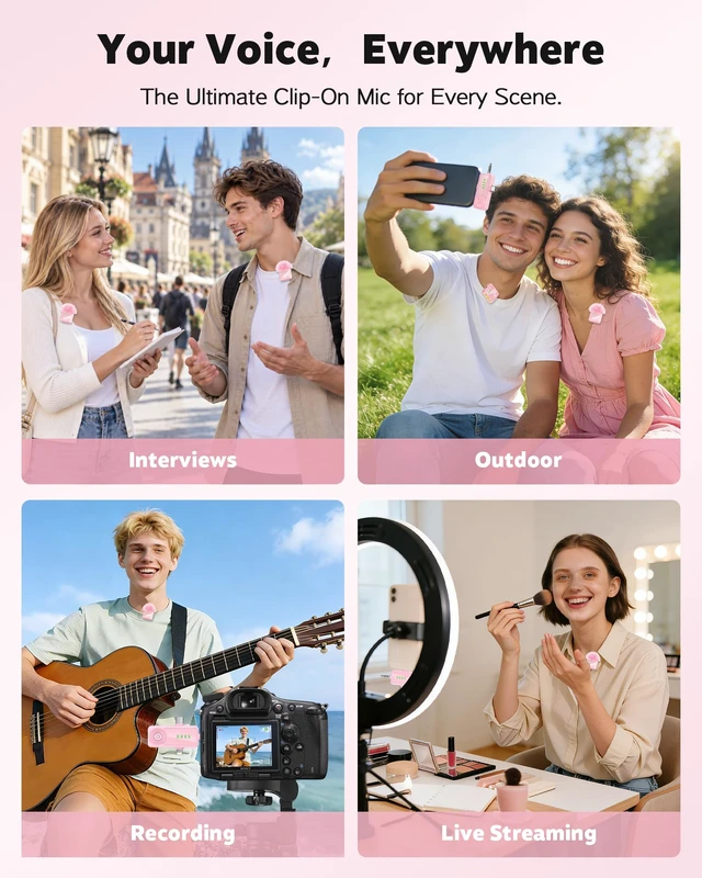 Alt view image 7 of 7 - 3 in 1 Wireless Lavalier Microphone for iPhone Android Camera-Pink | Mini Mic with Digital Display & Noise Reduction, 20H Battery Life, Mics for Video Recording, TikTok, YouTube, Vlogging