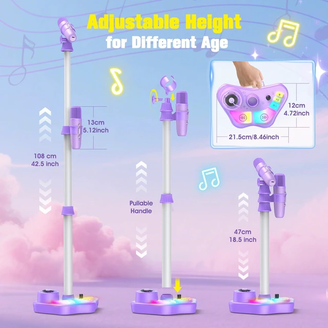 Alt view image 5 of 7 - Stand Karaoke Machine for Kids, Christmas Singing Toys Gifts for 3 4 5 6 7 8 Year Old Girls Boys, Rechargeable Kid Microphone Bluetooth Speaker with 2 Mic for Girl Age 4-6 Toddler Birthday Party Toy