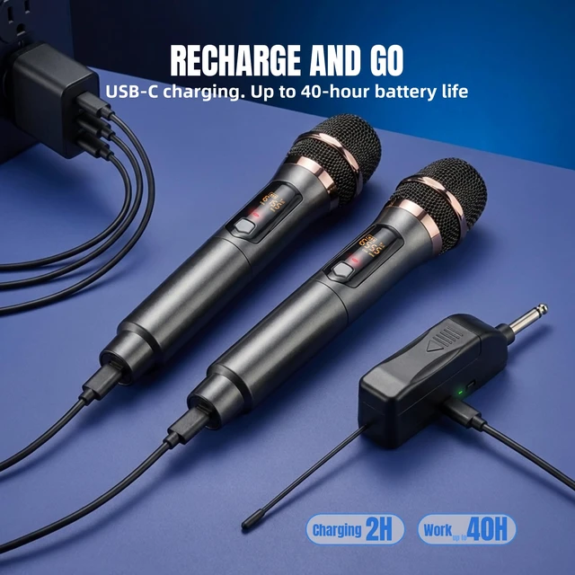 Alt view image 6 of 7 - Wireless Karaoke Microphone, Rechargeable Wireless Microphone System for Singing and Karaoke, 2.4G Handheld Wireless Microphones with Type-C Charging, 500 ft Range, 6.35mm/3.5mm Mic Input
