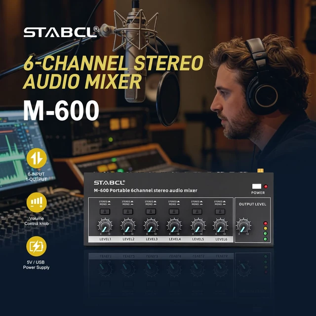 Alt view image 2 of 7 - Mini 6-Channel Audio Mixer with 6 input 6.35mm&3.5mm Jack, Stereo Line Mixer for Sub-Mixing, Multi-Input (Mic/Guitar/Keyboard/Bass), Powered by 5V DC