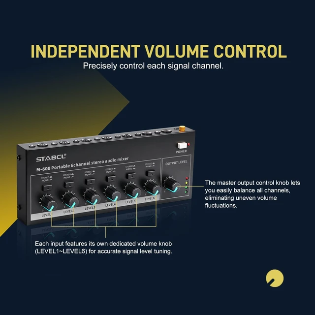 Alt view image 3 of 7 - Mini 6-Channel Audio Mixer with 6 input 6.35mm&3.5mm Jack, Stereo Line Mixer for Sub-Mixing, Multi-Input (Mic/Guitar/Keyboard/Bass), Powered by 5V DC