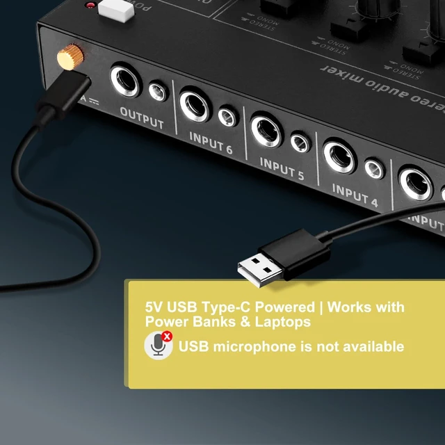 Alt view image 5 of 7 - Mini 6-Channel Audio Mixer with 6 input 6.35mm&3.5mm Jack, Stereo Line Mixer for Sub-Mixing, Multi-Input (Mic/Guitar/Keyboard/Bass), Powered by 5V DC