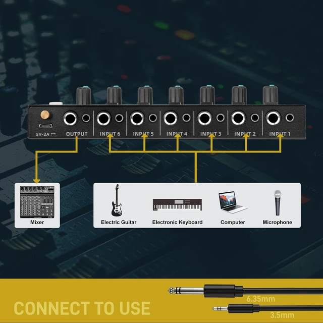 Alt view image 6 of 7 - Mini 6-Channel Audio Mixer with 6 input 6.35mm&3.5mm Jack, Stereo Line Mixer for Sub-Mixing, Multi-Input (Mic/Guitar/Keyboard/Bass), Powered by 5V DC