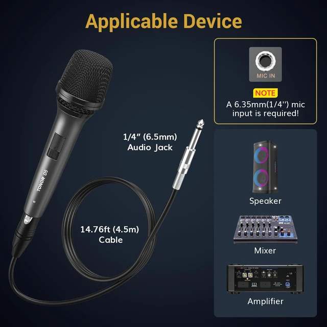 Alt view image 5 of 7 - Professional Vocal Microphone for Singing, Dynamic Wired Karaoke Mic | Handheld Cardioid Microfono with 450 cm/157inch XLR to 1/4" Cable, for Speakers, Studio Mixer, Amp, for Speech, Party, D5