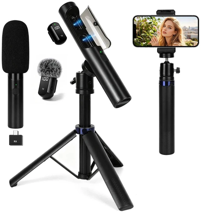 Main image of 4-in-1 Mini Mic &Desk Stand,Interview Handheld Wireless Lavalier Microphone | Phone Microphone for iPhone/Android/Tablets/PC,Mini Mic with Charging Case for Podcast ,Streaming
