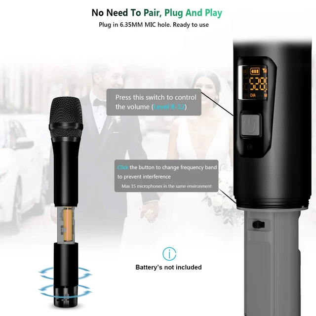 Alt view image 4 of 7 - Wireless Microphone, Dynamic Microphone with Rechargeable Receiver | Auto Connect,All Metal Design,160ft Range,Cordless Mic for Karaoke Machine,Amplifier Speaker,Mixer,iPhone,Camera, Interview