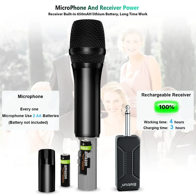 Alt view image 5 of 7 - Wireless Microphone, Dynamic Microphone with Rechargeable Receiver | Auto Connect,All Metal Design,160ft Range,Cordless Mic for Karaoke Machine,Amplifier Speaker,Mixer,iPhone,Camera, Interview
