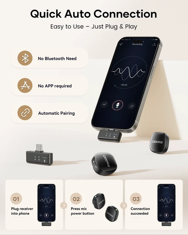 Alt view image 2 of 7 - Wireless Microphone for iPhone iPad Android PC, 2 Pack lavalier microphone | Wireless Mic with 48kHz/24-Bit,Noise Cancellation,Plug and Play Mini Microphone for Video Recording Podcast YouTube Vlog