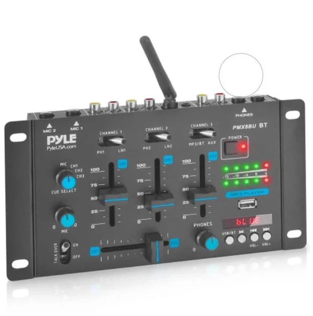 Alt view image 3 of 7 - 3-Channel Professional DJ Mixer w/ Bluetooth - Dual Balanced Mic Inputs w/ Talkover, USB-A MP3 Player, Phono/Line In, CUE Monitor, Crossfader, LED Display for Mobile DJ, Karaoke, Events - PMX8BU