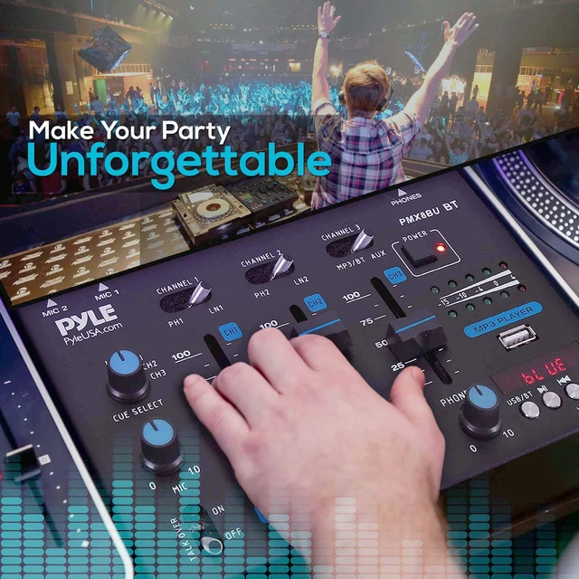 Alt view image 4 of 7 - 3-Channel Professional DJ Mixer w/ Bluetooth - Dual Balanced Mic Inputs w/ Talkover, USB-A MP3 Player, Phono/Line In, CUE Monitor, Crossfader, LED Display for Mobile DJ, Karaoke, Events - PMX8BU