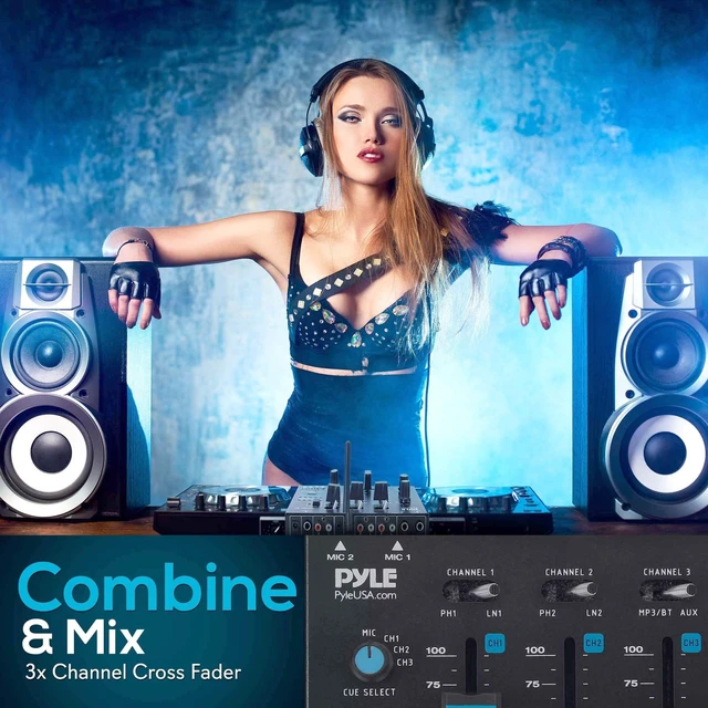 Alt view image 5 of 7 - 3-Channel Professional DJ Mixer w/ Bluetooth - Dual Balanced Mic Inputs w/ Talkover, USB-A MP3 Player, Phono/Line In, CUE Monitor, Crossfader, LED Display for Mobile DJ, Karaoke, Events - PMX8BU