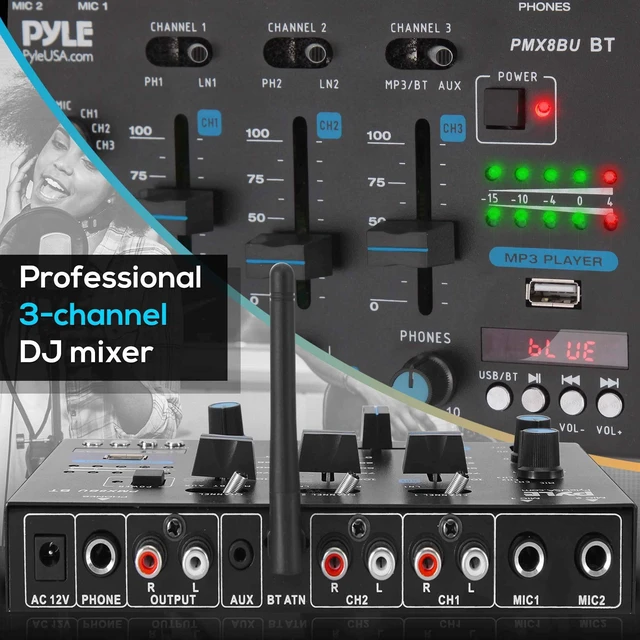 Alt view image 6 of 7 - 3-Channel Professional DJ Mixer w/ Bluetooth - Dual Balanced Mic Inputs w/ Talkover, USB-A MP3 Player, Phono/Line In, CUE Monitor, Crossfader, LED Display for Mobile DJ, Karaoke, Events - PMX8BU