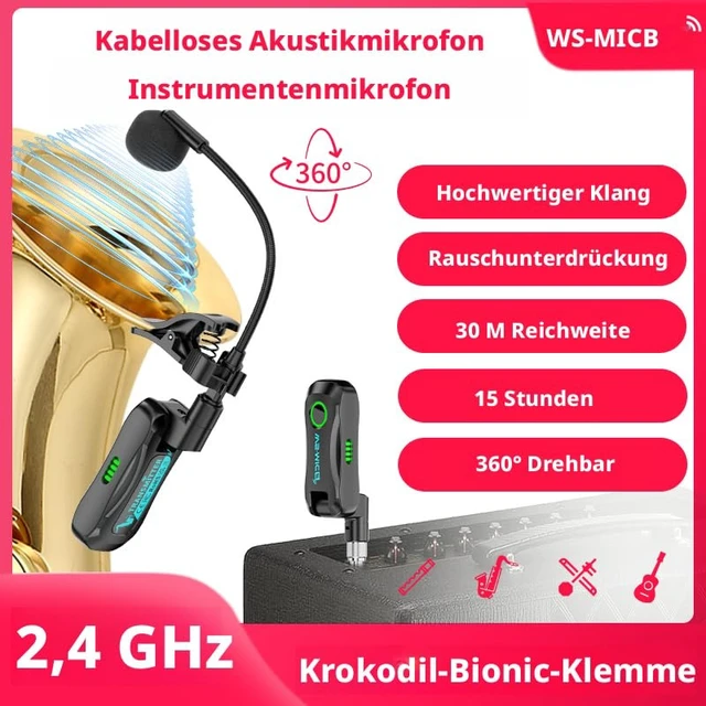 Alt view image 2 of 7 - 2.4G Wireless Saxophone Microphone System, Clip-On Instrument Microphone for Brass (Trumpet, Trombone, Tuba, Cornet, French Horn), Low Latency Wireless Mic for Practice, Teaching & Small Gigs