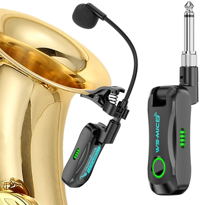 Main image of 2.4G Wireless Saxophone Microphone System, Clip-On Instrument Microphone for Brass (Trumpet, Trombone, Tuba, Cornet, French Horn), Low Latency Wireless Mic for Practice, Teaching & Small Gigs