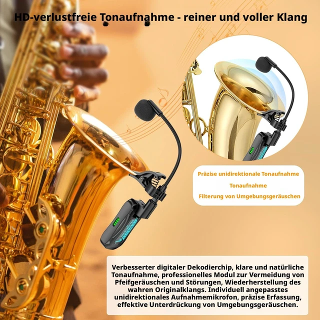 Alt view image 3 of 7 - 2.4G Wireless Saxophone Microphone System, Clip-On Instrument Microphone for Brass (Trumpet, Trombone, Tuba, Cornet, French Horn), Low Latency Wireless Mic for Practice, Teaching & Small Gigs