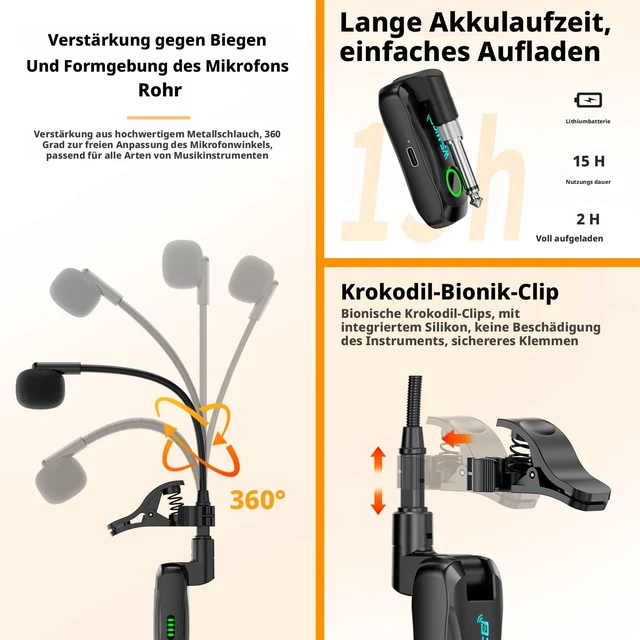 Alt view image 4 of 7 - 2.4G Wireless Saxophone Microphone System, Clip-On Instrument Microphone for Brass (Trumpet, Trombone, Tuba, Cornet, French Horn), Low Latency Wireless Mic for Practice, Teaching & Small Gigs