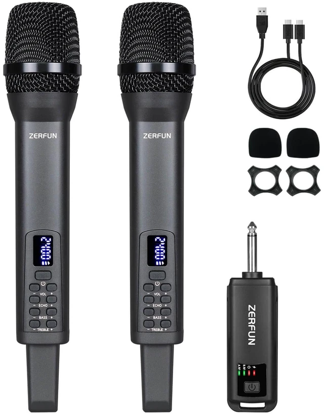Main image of Rechargeable Wireless Microphones Dual, D240, Grey | Pro Handheld Cordless Mics System Dynamic with Echo Treble BASS VOL Control for Karaoke Singing Church Party, 1/4'' Output