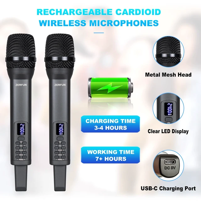Alt view image 3 of 7 - Rechargeable Wireless Microphones Dual, D240, Grey | Pro Handheld Cordless Mics System Dynamic with Echo Treble BASS VOL Control for Karaoke Singing Church Party, 1/4'' Output