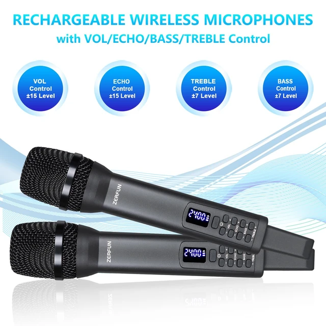 Alt view image 4 of 7 - Rechargeable Wireless Microphones Dual, D240, Grey | Pro Handheld Cordless Mics System Dynamic with Echo Treble BASS VOL Control for Karaoke Singing Church Party, 1/4'' Output