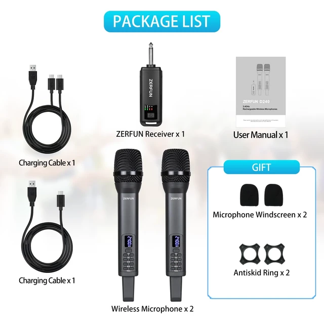 Alt view image 7 of 7 - Rechargeable Wireless Microphones Dual, D240, Grey | Pro Handheld Cordless Mics System Dynamic with Echo Treble BASS VOL Control for Karaoke Singing Church Party, 1/4'' Output