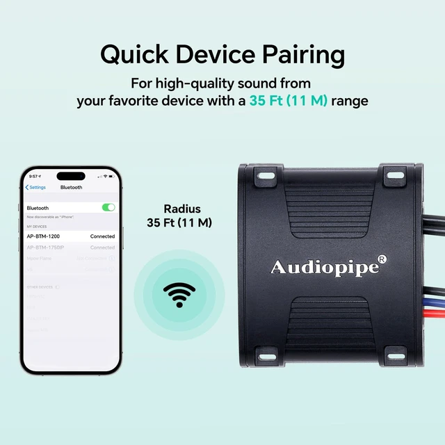 Alt view image 2 of 7 - Marine Wireless Music Stream Audio Receiver (AP-BTM-1200), Blutooth 5.0 Adaptor, RCA Stereo Outputs, Perfect for Marine, ATV, UTV, Golf Car, Home Music