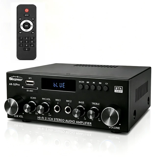Main image of AK52 pro Stereo Amplifier Bluetooth 5.0 Audio Amplifier 2.1 Channel 400W | Home Audio Stereo Receiver with FM, Echo, AUX, USB, SD, MIC Inputs, for 2 Passive Speakers & Passive Subwoofer