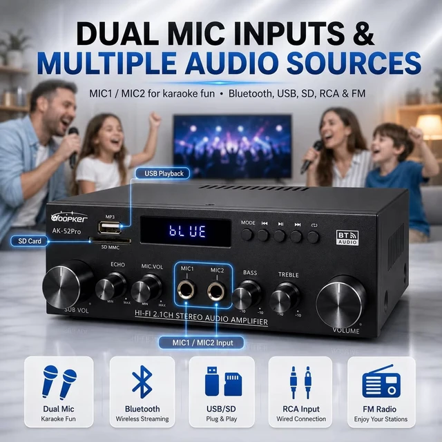 Alt view image 3 of 7 - AK52 pro Stereo Amplifier Bluetooth 5.0 Audio Amplifier 2.1 Channel 400W | Home Audio Stereo Receiver with FM, Echo, AUX, USB, SD, MIC Inputs, for 2 Passive Speakers & Passive Subwoofer