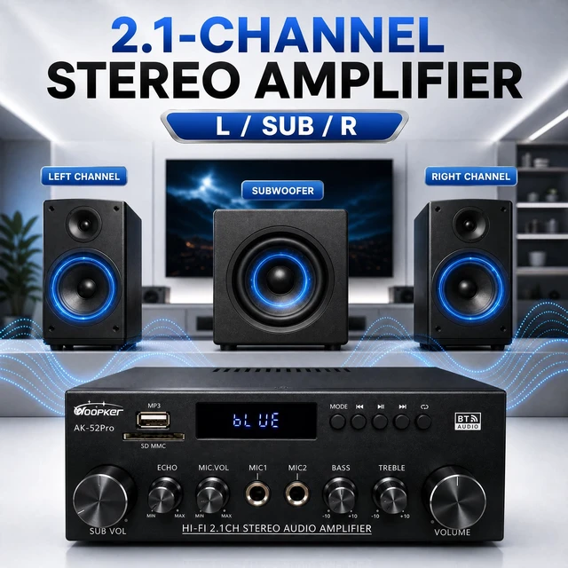 Alt view image 2 of 7 - AK52 pro Stereo Amplifier Bluetooth 5.0 Audio Amplifier 2.1 Channel 400W | Home Audio Stereo Receiver with FM, Echo, AUX, USB, SD, MIC Inputs, for 2 Passive Speakers & Passive Subwoofer