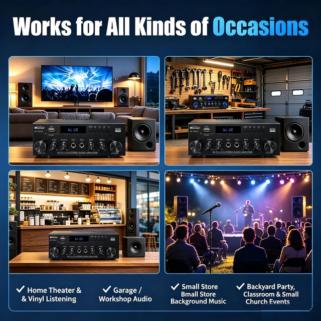 Alt view image 6 of 7 - AK52 pro Stereo Amplifier Bluetooth 5.0 Audio Amplifier 2.1 Channel 400W | Home Audio Stereo Receiver with FM, Echo, AUX, USB, SD, MIC Inputs, for 2 Passive Speakers & Passive Subwoofer