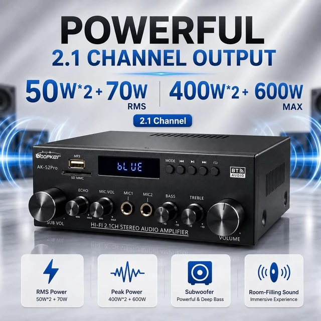 Alt view image 7 of 7 - AK52 pro Stereo Amplifier Bluetooth 5.0 Audio Amplifier 2.1 Channel 400W | Home Audio Stereo Receiver with FM, Echo, AUX, USB, SD, MIC Inputs, for 2 Passive Speakers & Passive Subwoofer