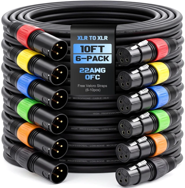 Main image of 10ft 6-Pack XLR Cables, 3-Pin OFC Cords for Studio, Stage, DMX Mixer | Balanced Male to Female 3-Pin XLR Microphone Cable with OFC Conductors, Professional Hi-Fi Cord for Studio, Stage, DMX Mixers