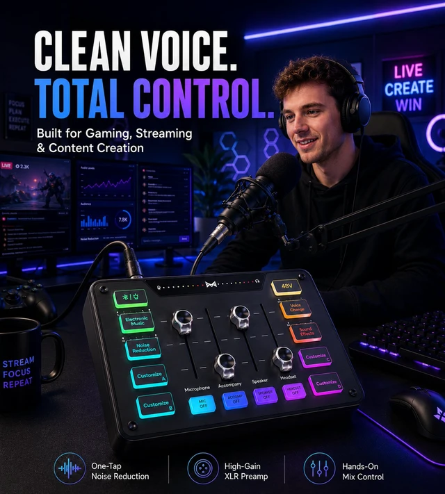 Alt view image 2 of 7 - Gaming Audio Mixer for Streaming, XLR Mixer with Noise Reduction | Easy Hands-On Mixing with 48V XLR Support, Bluetooth Audio, Voice Effects, Sound Pads and RGB for Gaming and Streaming