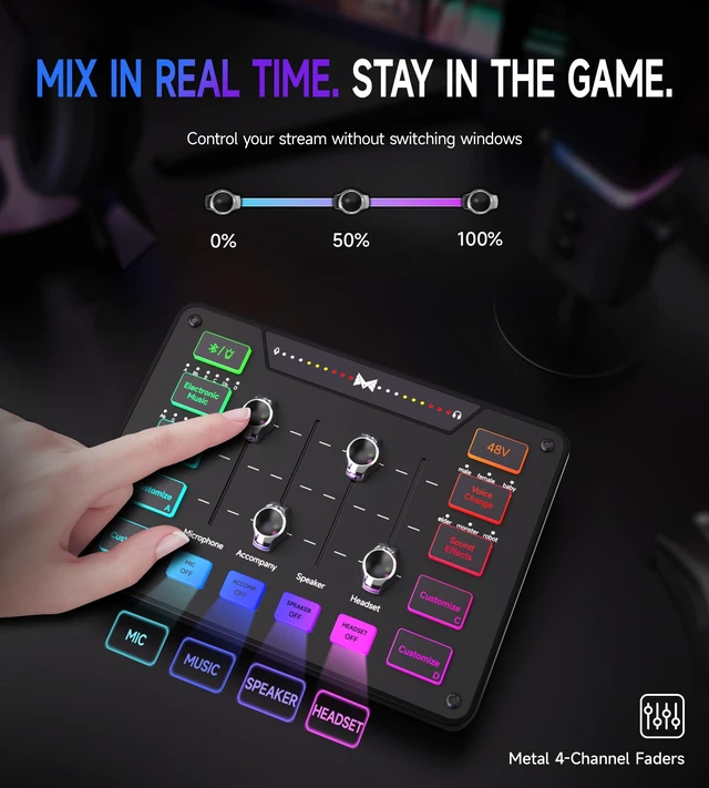 Alt view image 3 of 7 - Gaming Audio Mixer for Streaming, XLR Mixer with Noise Reduction | Easy Hands-On Mixing with 48V XLR Support, Bluetooth Audio, Voice Effects, Sound Pads and RGB for Gaming and Streaming