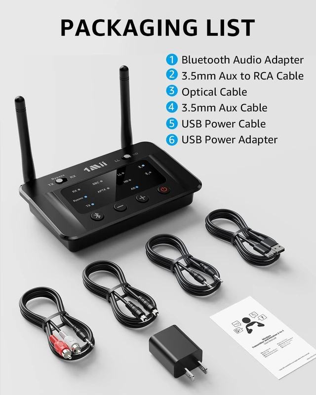 Alt view image 7 of 7 - B03 Bluetooth 5.3 Transmitter Receiver for TV Home Stereo | aptX Low Latency/Adaptive/HD Wireless Audio Adapter to 2 Headphones, Volume Control, Optical RCA AUX, Soundbar Passthrough
