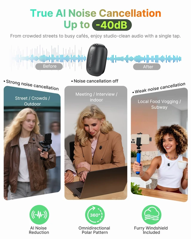 Alt view image 3 of 7 - Air SE Wireless Mini Microphone for iPhone 17/16/15 & Android, 48kHz/24-bit, AI Noise Cancellation, Clip on Content Creator Microphones for Interview YouTube TikTok Vlogging (2TX + USB-C RX)