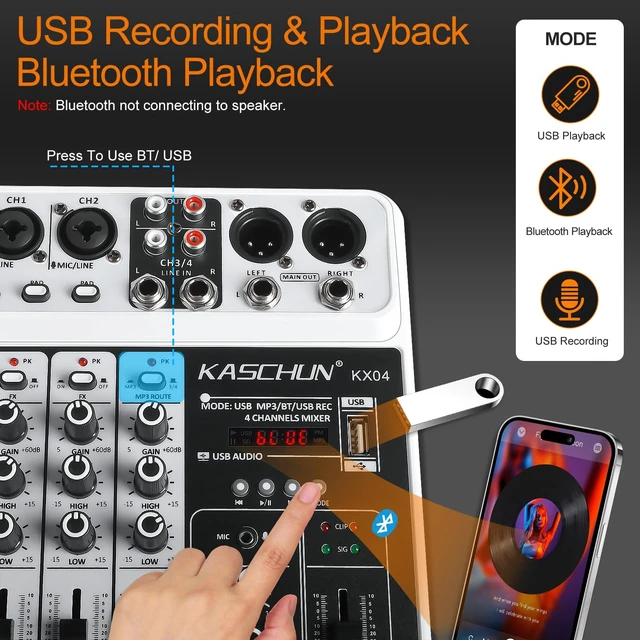 Alt view image 3 of 7 - 4-Channel DJ Audio Mixer, Bluetooth Sound Board with USB MP3 Input | Compact Mixer Board with 48V Phantom Power, Monitoring, Effects, for Karaoke, Podcast, Live Stream, Home Recording & DJ