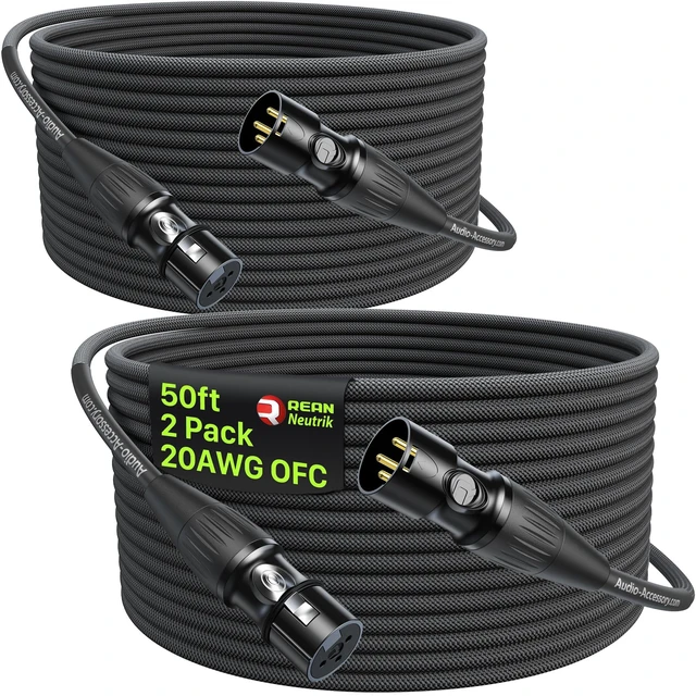 Main image of XLR Cables 50 ft 2Pack, 20AWG OFC Dual Shielded Mic Cord | Neutrik REAN Gold-Pin Connector, Kevlar-Reinforced Heavy Duty Nylon Braided Noiseless Balanced Microphone Cable for Shure Mic