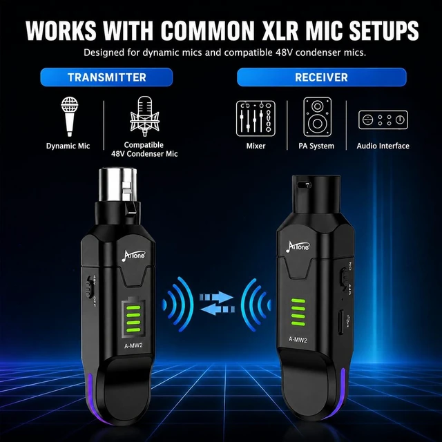 Alt view image 3 of 7 - Wireless XLR Transmitter and Receiver with 48V Phantom Power, A-MW2 | 2.4GHz wireless microphone adapter for dynamic and compatible 48V condenser mics, with 24-bit/48kHz audio and 100ft range