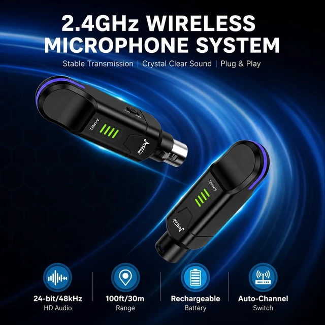 Alt view image 7 of 7 - Wireless XLR Transmitter and Receiver with 48V Phantom Power, A-MW2 | 2.4GHz wireless microphone adapter for dynamic and compatible 48V condenser mics, with 24-bit/48kHz audio and 100ft range