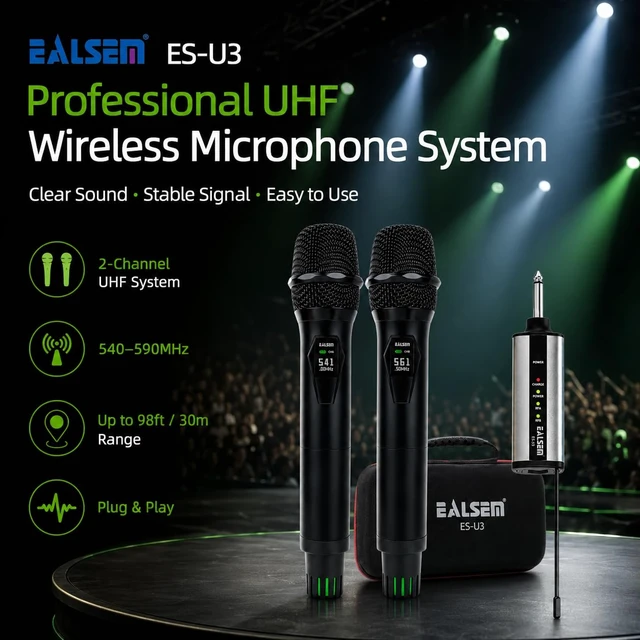 Alt view image 2 of 7 - U3 UHF Dual Channel Wireless Microphone System for Karaoke, Church, Stage and PA Speaker, 2 Handheld Mics with 6.35mm Plug-in Rechargeable Receiver, 30m Range