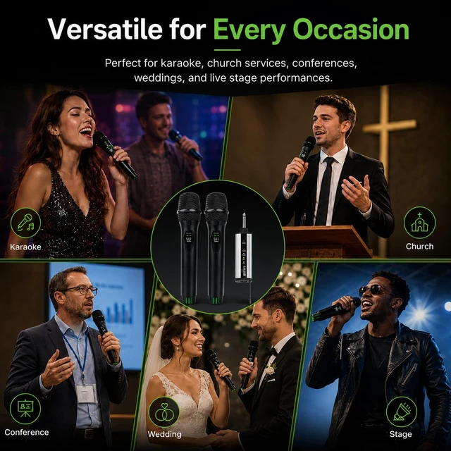 Alt view image 5 of 7 - U3 UHF Dual Channel Wireless Microphone System for Karaoke, Church, Stage and PA Speaker, 2 Handheld Mics with 6.35mm Plug-in Rechargeable Receiver, 30m Range