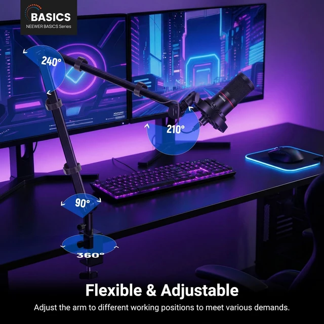 Alt view image 2 of 7 - NEEWER BASICS MS050 Microphone Boom Arm, 31" Flexible Mic Desk Stand Mount | Compatible with Blue Yeti FIFINE AM8 K669B HyperX Quadcast S Solocast AT2020 Shure SM7B MV7, for Gaming Streaming Recording