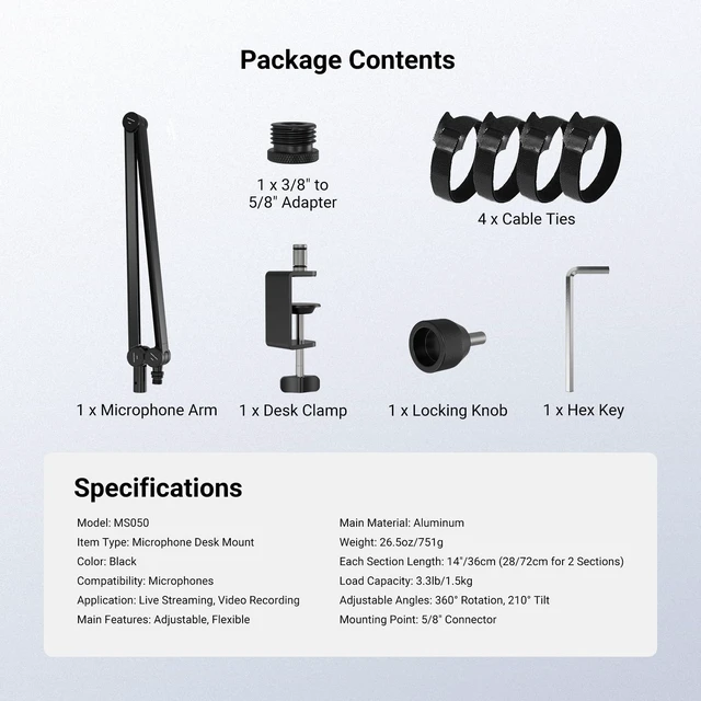 Alt view image 7 of 7 - NEEWER BASICS MS050 Microphone Boom Arm, 31" Flexible Mic Desk Stand Mount | Compatible with Blue Yeti FIFINE AM8 K669B HyperX Quadcast S Solocast AT2020 Shure SM7B MV7, for Gaming Streaming Recording