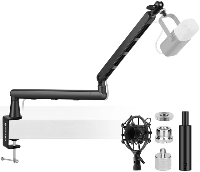 Main image of Mic Stand Boom Arm - Low Profile Adjustable Microphone Arm Stand with 3.5" Extension Pole Desk Clamp Screw Adapter for Streaming Gaming Black