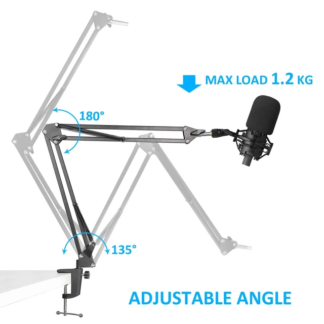 Alt view image 3 of 7 - Boom Arm for Audio-Technica AT2020/AT2040, Mic Arm with Foam Cover | Suspension Boom Scissor Arm Stand with Pop Filter, Desk Clamp, 3/8" to 5/8" Adapter